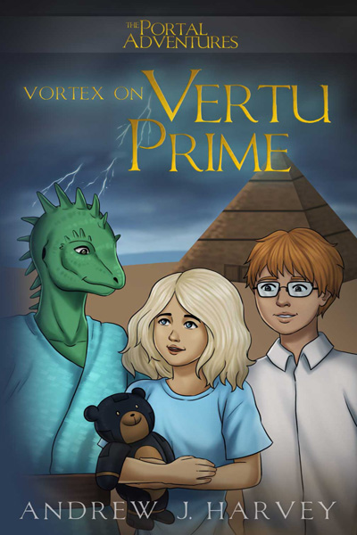 Book cover showing: Young boy, girl, teddy and alien friend