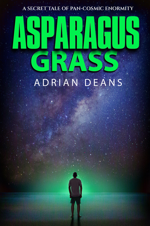 Book Cover - Man standing in green light before a star field