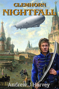 Book Cover - Donald Clemhorn standing in front of 1720 scene, with an airship overhead