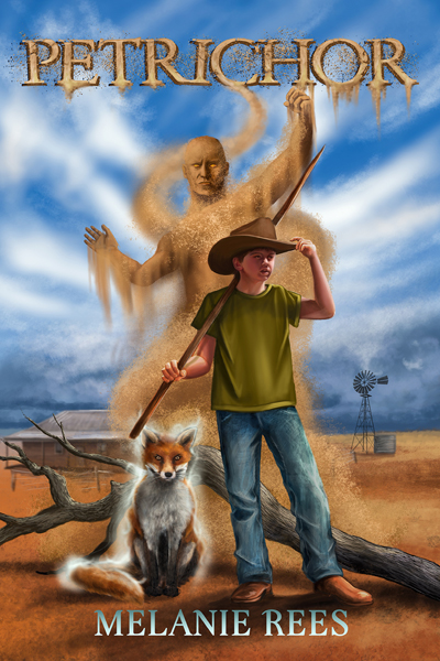 Cover - Petrichor, showing a young boy against a background of an Australian drought